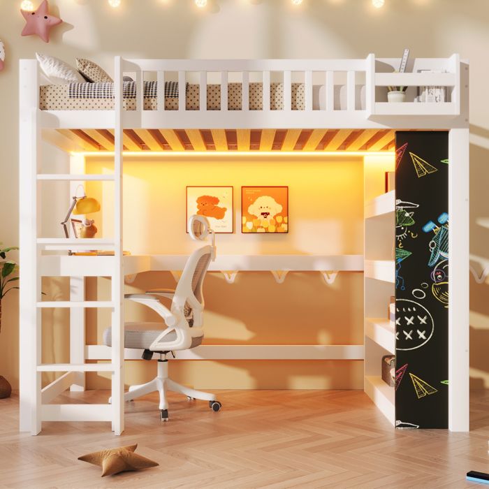 Lit mezzanine enfant avec bureau et étagère de rangement lit superposé 90×200cm équipé dun éclairage LED en bois massif blanc.