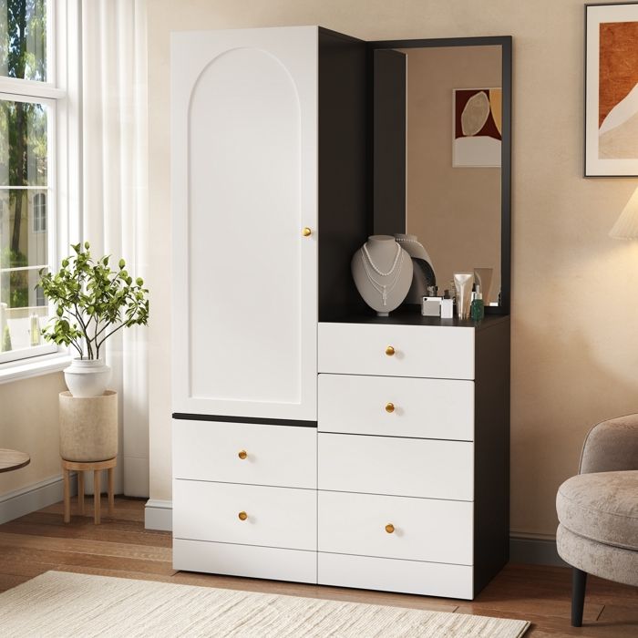 Armoire Multifonctionnelle avec Tabouret Extensible Miroir Tiroirs Divisés pour le Maquillage Armoire Chambre penderie Moderne