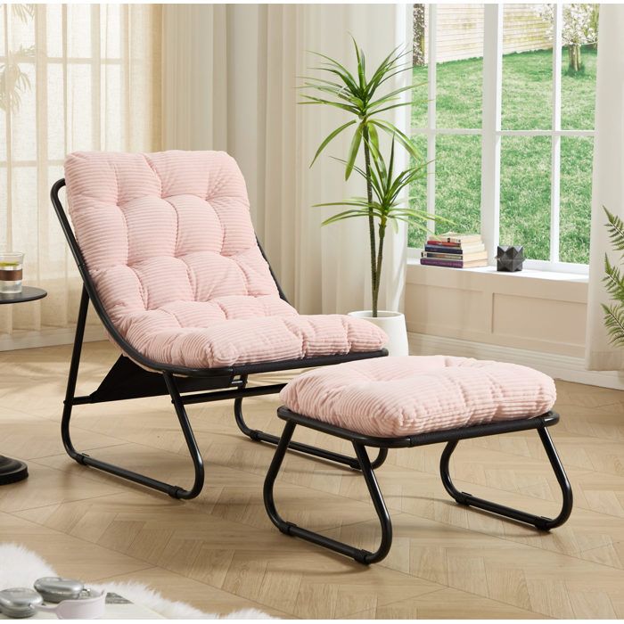 Fauteuil lounge de jardin avec ottoman et coussins épais acier thermolaqué rose intérieur extérieur ORVRYN