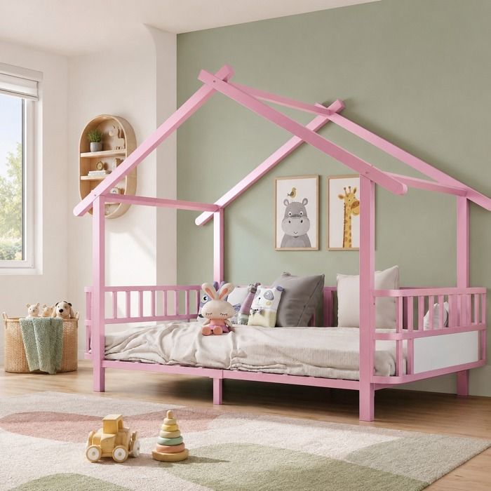 Lit Cabane Maison Pour Enfant 90x200 Cm Blanc Cadre Métal Solide Avec Toit Décoratif Pour Fille Et Garçon Rose