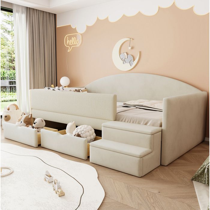 Lit enfant rembourré 90 x 190 cm en velours beige avec 2 tiroirs barrières de sécurité et marches sans matelas