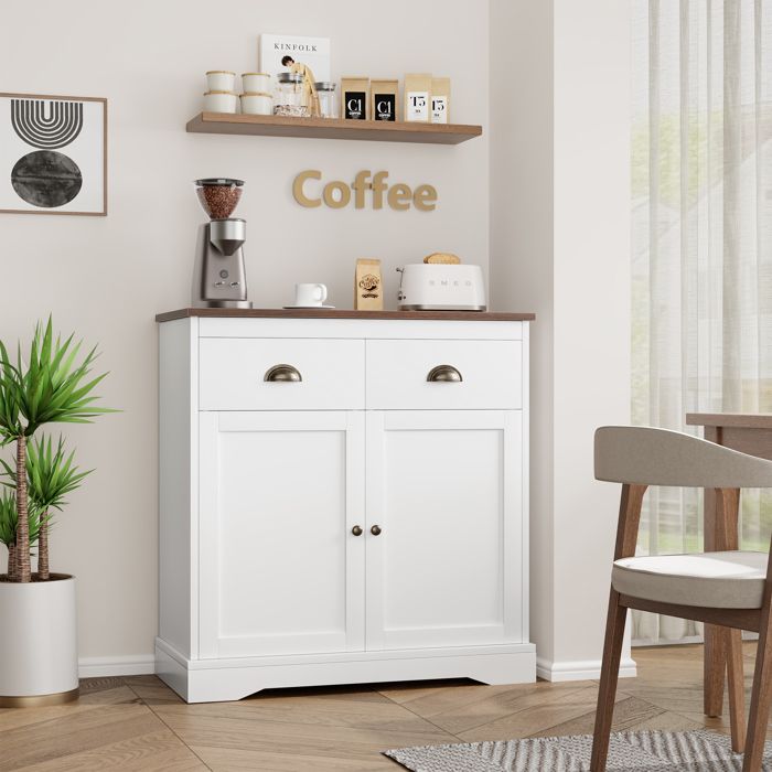 Buffet Bahut de Salon - Buffet en bois blanc- 2 Portes et 2 Tiroirs - Meuble de rangement pour cuisine salon ou entrée
