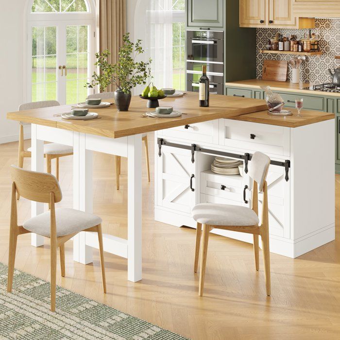 Îlot Central de Cuisine avec Table Extensible Rotative à 360° Buffet de Cuisine avec Porte de Grange Coulissante Blanc Îlot Central de Cuisine avec Table Extensible Rotative à 360° Buffet de Cuisine avec Porte de Grange Coulissante Blanc