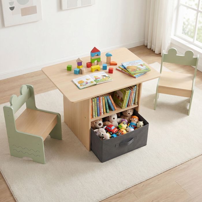 Ensemble Table et 2 Chaises Enfant-COSTWAY-avec 2 Compartiments Ouverts Tiroir Pliable en Tissu 3 Ans+ Design Vert