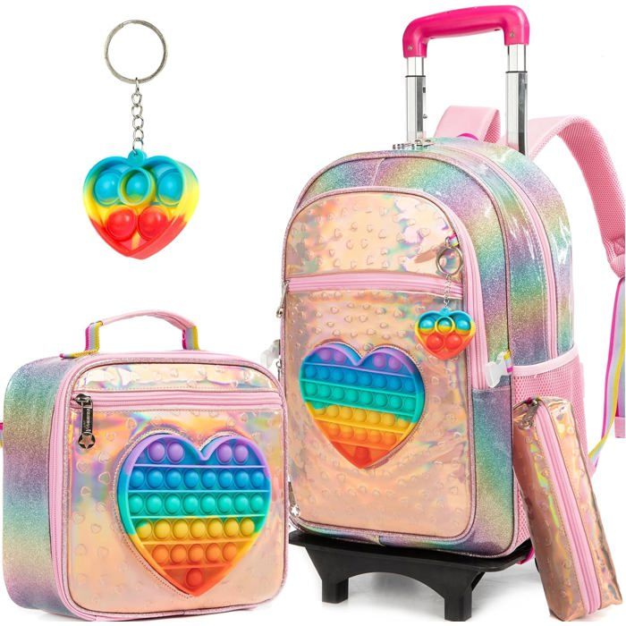 cartable à roulettes licorne pour fille - HTgroce - 16 pouces - 43 x 30 x 19 cm - 24 litres - 2 roues silencieuses