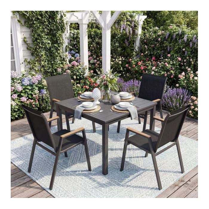 Lot de 2 chaises noires empilables - dossier haut accoudoirs tissu respirant cadre métal robuste 180kg antidérapant jardin/balcon