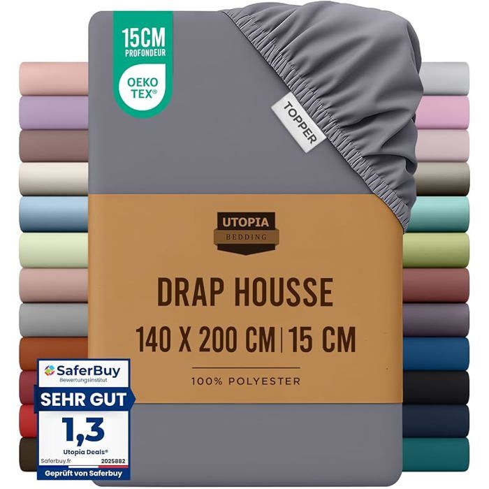 Bedding Topper Housse Gris140 x 200 cm  Certifié Bonnets 15 cm pour Mates Topper 140 x 200 cm Gris GRIS DRAP HOUSSE