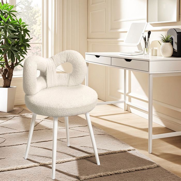 Chaise de bureau dosseret noeud papillon Chaise de coiffeuse laine d’agneau style princesse 37×37×67 cm Blanc