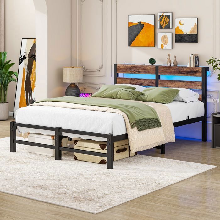URTR Lit plateforme métal 120x200cm - Avec rangement sous lit - Avec Tête de lit avec étagère - éclairage LED et prise - Brun
