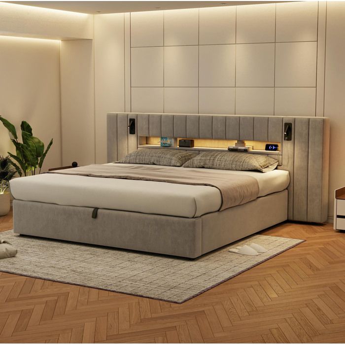 Lit coffre 2 places AESVAR 180 x 200 cm en velours gris avec USB-A/USB-C LED et rangement