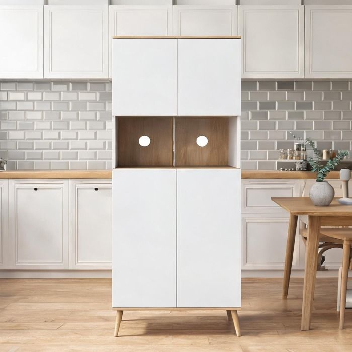 Buffet de cuisine scandinave en bois massif et panneaux de particules blanc avec étagères réglables