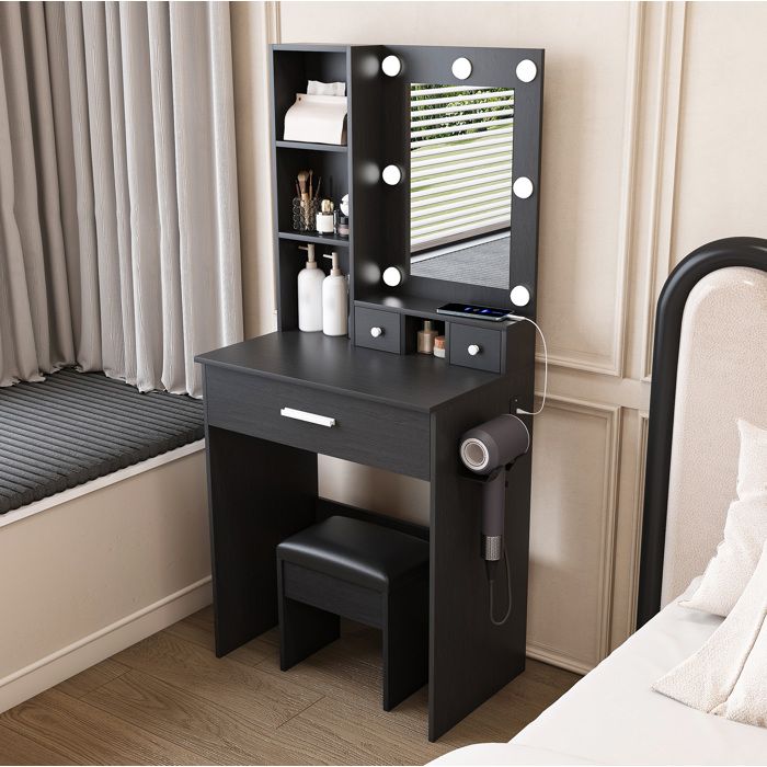Coiffeuse noire 60 x 38 x 131 5 cm miroir LED 3 modes prise intégrée support sèche-cheveux 3 tiroirs tabouret rembourré