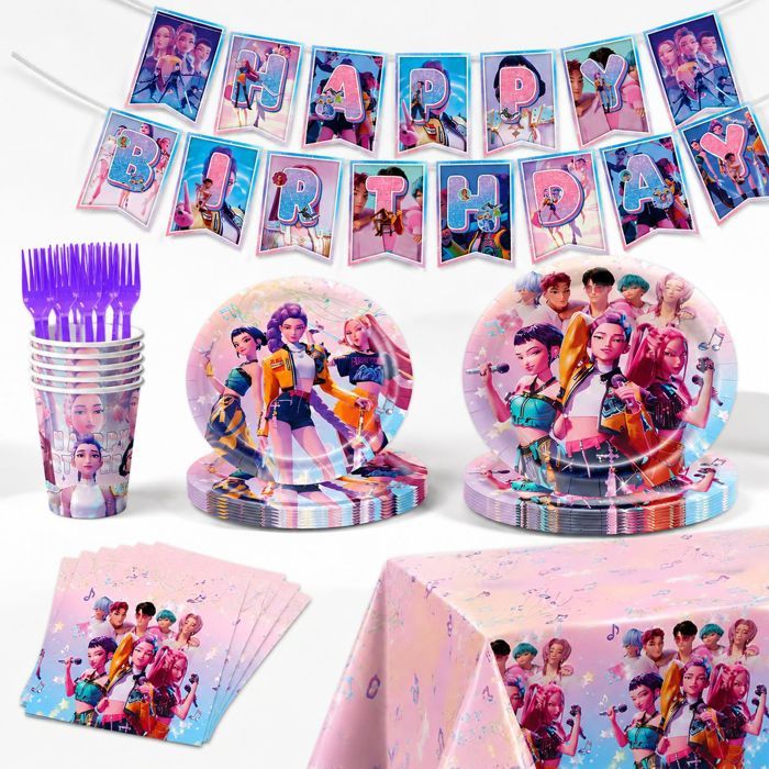 Kit Décoration Anniversaire – Vaisselle Jetable Thème Kpop Fille – Fête Enfant 10 Pers – 7 Pièces Violet
