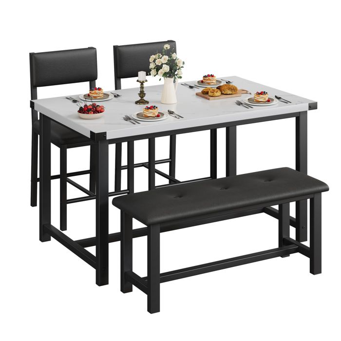 Ensemble table à manger industriel 1 table + 1 banc + 2 chaises plateau épais effet marbre