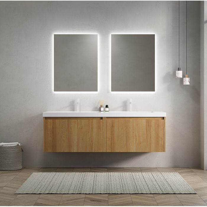 WOVREO Meuble vasque suspendu 140 cm double vasque intégrée en résine blanche 2 tiroirs LED aspect bois naturel