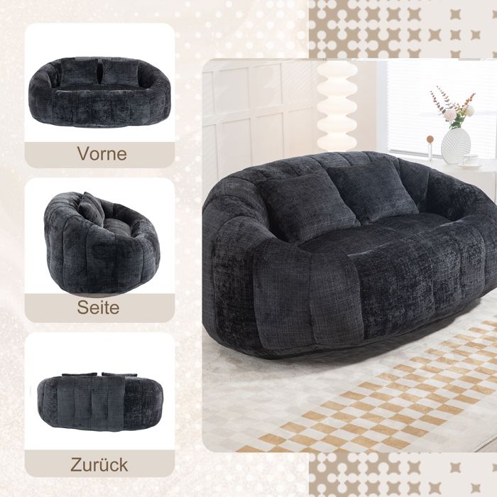 BEL Pouf poire confortable résistant dossier haut adultes/enfants intérieur/extérieur fauteuil sol moelleux chenille noire
