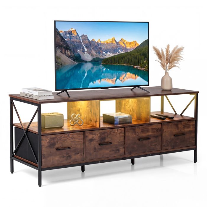 COSTWAY 80 Meuble TV avec LED 4 Tiroirs Amovibles et 3 Compartiments Cadre Métallique Renforcé pour Salon Chambre Marron