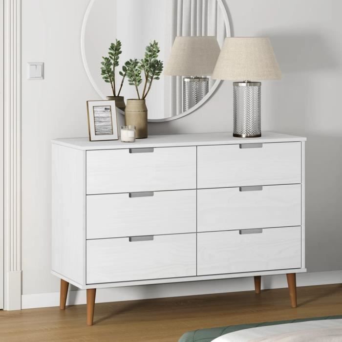 Commode - AKOZON - MOLDE - Bois de pin massif - 6 tiroirs - Finition vernis UV