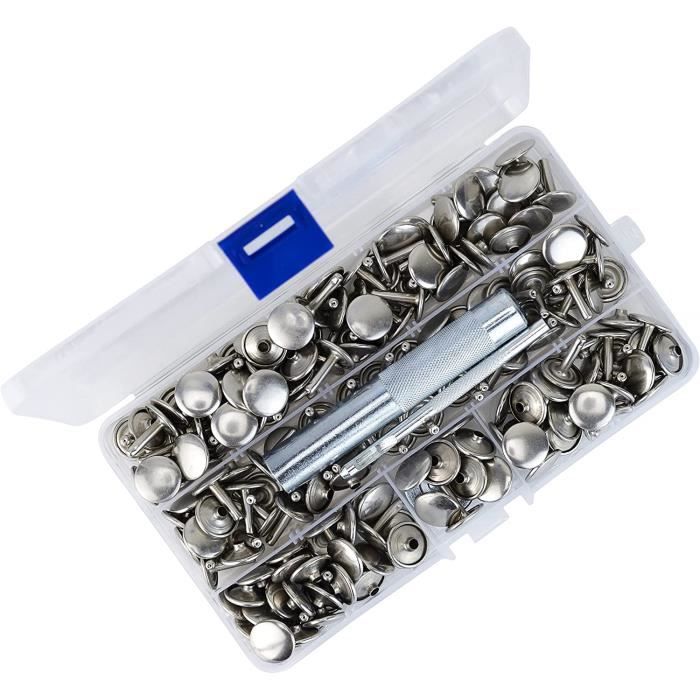Kit de 100 rivets en cuir, rivets tubulaires à double capuchon argenté