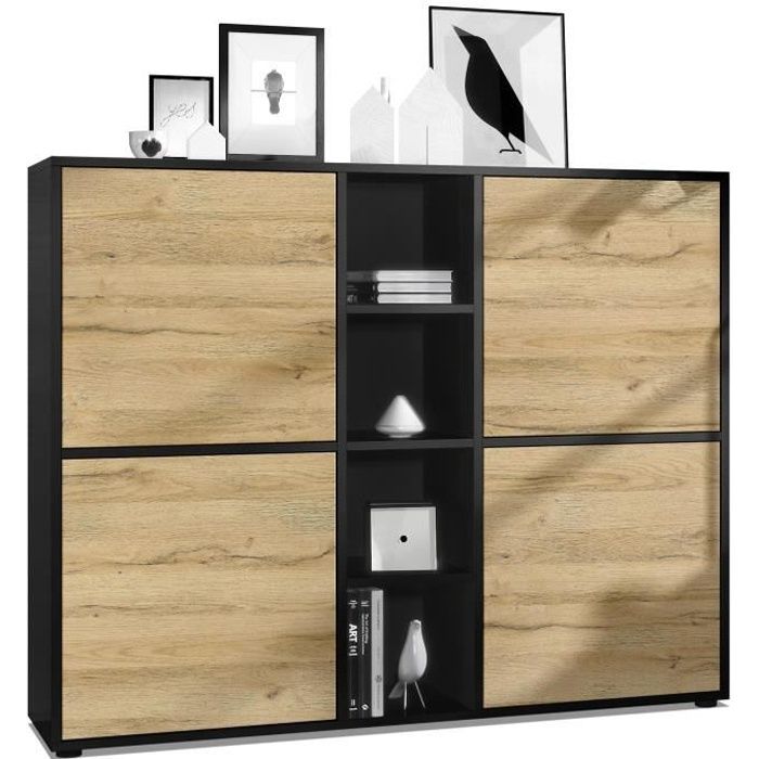 Vladon Buffet haut Cuba V3 avec 12 compartiments caisson en noir mat - Façades en Chêne Nature Vladon Buffet haut Cuba V3 avec 12 compartiments caisson en noir mat - Façades en Chêne Nature