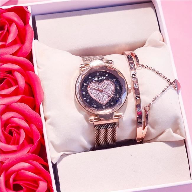 coffret montre fille et bracelet fille + bracelet femme + montre coeur en or rose + bracelet coeur+ ensemble cadeau femme