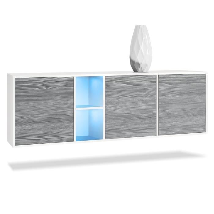 Vladon Buffet Armoire Cuba Corps en Blanc mat - Façades en Avola-Anthracite avec éclairage LED
