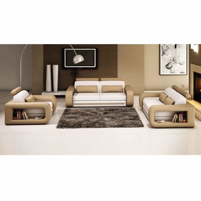 Canape 3 2 1 Places En Cuir Blanc Et Marron Malone Achat Vente Canape Sofa Divan Cdiscount