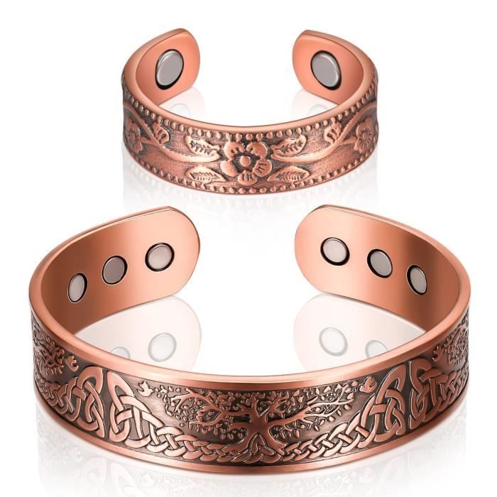 set de 2 pcs bracelet et bague magnétiques en cuivre, anneau magnétique réglable jonc magnétique en cuivre et bague avec aimants