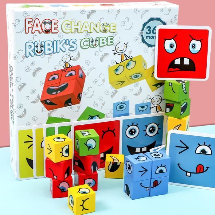 Emoji Puzzle Cube de Construction,Jeu Emoticone Cubi en Bois