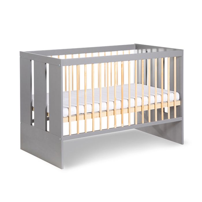 Lit bébé enfant à barreaux avec sommier réglable - PAULINE - Gris - Bois brut - 120x60 cm Lit bébé enfant à barreaux avec sommier réglable - PAULINE - Gris - Bois brut - 120x60 cm