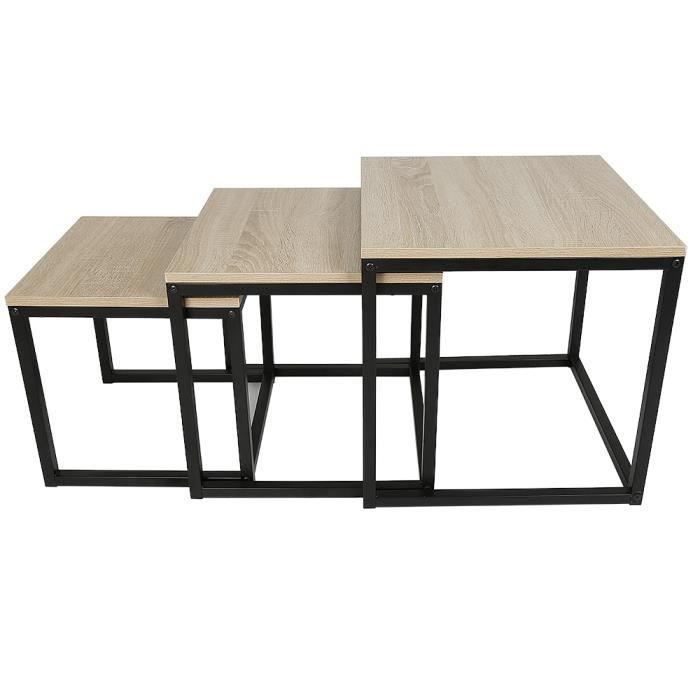 YIS Tables Basses Gigognes Table Carré Bois et Métal Lot de 3 Tables d'Appoint Industrielle