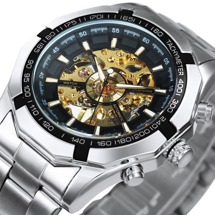 Montre Squelette Homme Automatique Mécanique - Boîtier Carré 42 Mm Argenté - Bracelet Beige