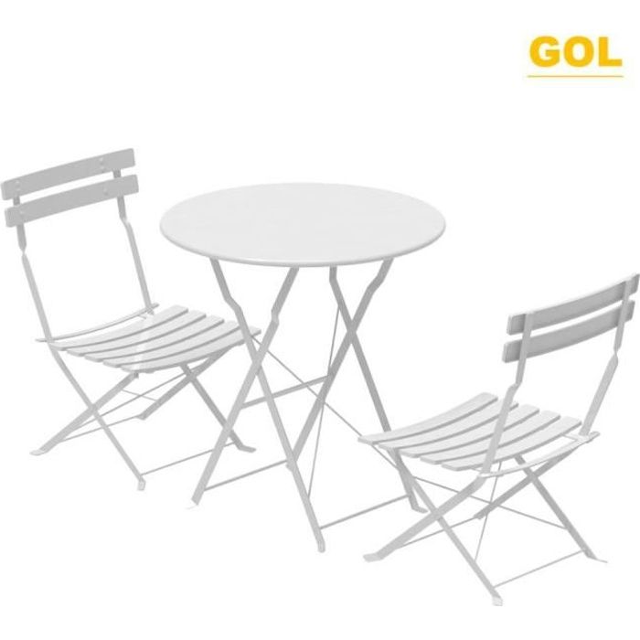 GOL Une Table rond et 2 Chaises pliable en acier pour Balcon, Jardin, Intérieur, Extérieur (blanc)