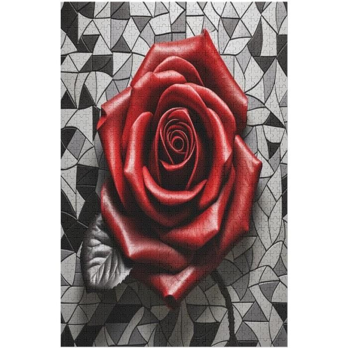 1000 Teile Puzzle Rose – Schwarz-Weiß Rot Serie, Fertig 75x50 Cm, Aus Holz, Für Erwachsene & Kinder