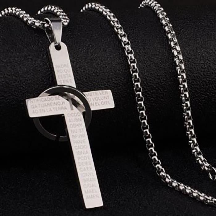 Lot De 2 Colliers Croix Pour Homme - Acier Inoxydable Argent & Noir - Chaîne Et Pendentif Simple