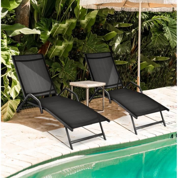 GIANTEX Lot de 2 Transat Chaise Longue Bain de Soleil,Dossier Réglable à 5 Positions, Textile+Cadre en Fer,pour Jardin/Piscine,Gris