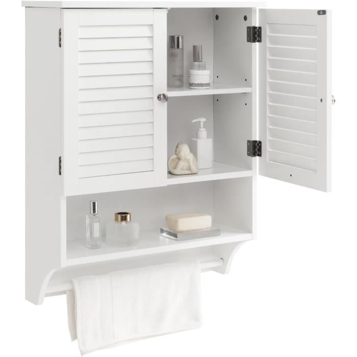 GOPLUS Armoire Murale de Salle de Bain avec Portes à Persiennes Porte-Serviettes Armoire à Pharmacie avec Étagère Réglable Blanc