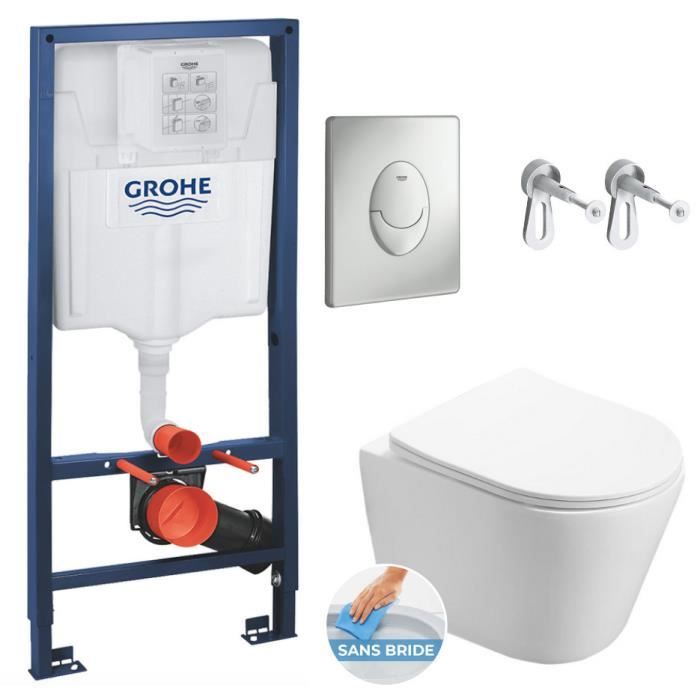 Grohe Pack WC Bâti support + WC Swiss Technologies Infinitio sans bride fixation invisible + Plaque chrome