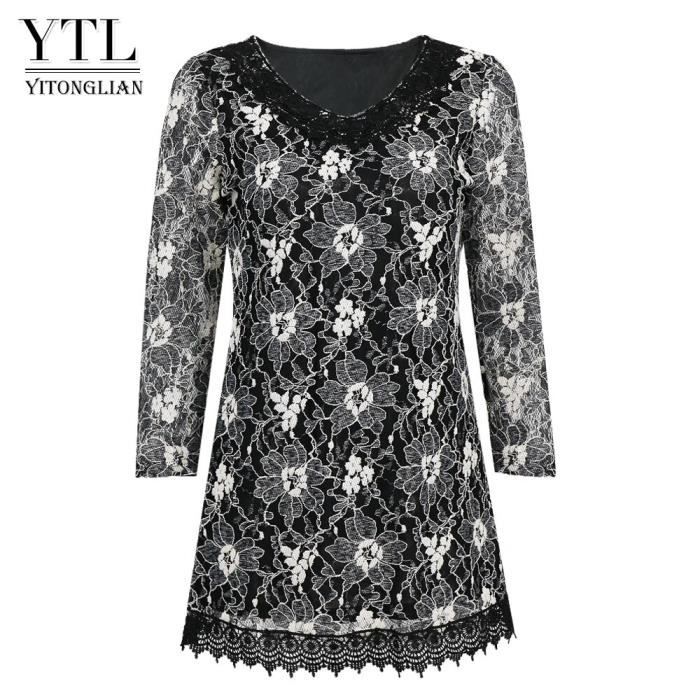 Chemisier Dentelle Vintage Femme - Élégant Broderie Florale - Col V Manches Courtes - T-shirt Été Chic Robe Légère