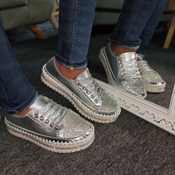 Femmes Mode Talon Plat Cristal Strass Paillettes lacets Plate Forme Mocassins Chaussure argent Argent Cdiscount Chaussures