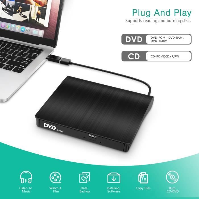 Lecteur Graveur CD DVD Externe USB 3.0 &Type-C, Graveur CD DVD Externe ...