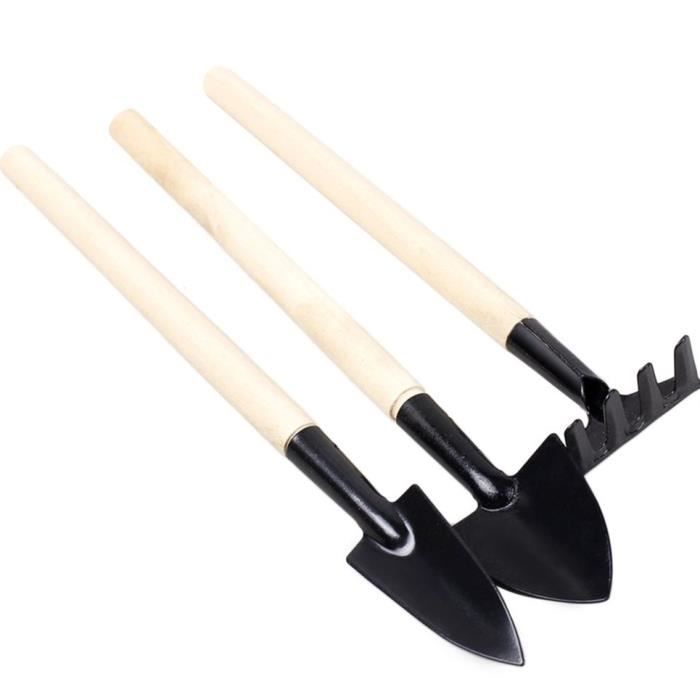 Outils de jardinage à long manche en bois - OUTAD - pelle, râteau et bêche - noir et beige