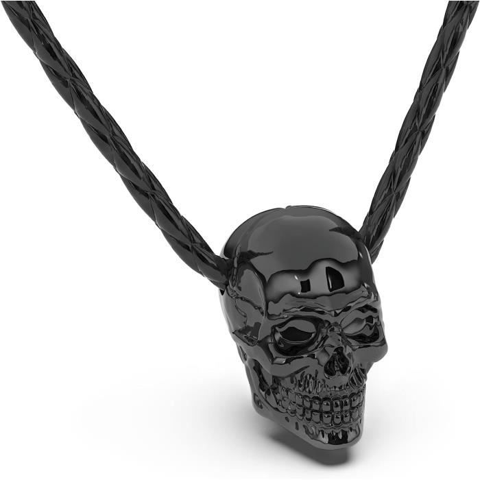 Collier Cuir Tête De Mort Homme En NoirArgentOr, Collier En Cuir