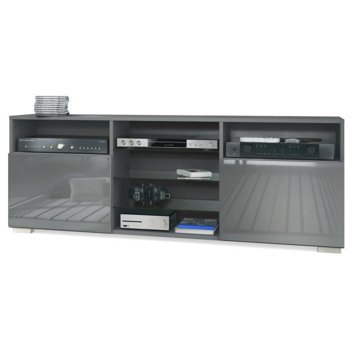 Meuble TV Granada Lowboard avec 2 portes et 6 compartiments ouverts corps anthracite mat façades en gris haute brillance Meuble TV Granada Lowboard avec 2 portes et 6 compartiments ouverts corps anthracite mat façades en gris haute brillance