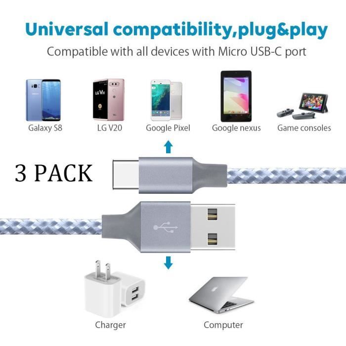 Câble USB-C Renforcé 1 Mètre – Charge Rapide Pour Huawei P20, P10 – Compatible Samsung