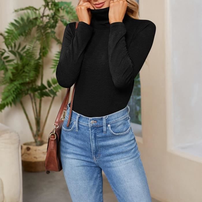 T Shirt Femme Manche Longue Col Roule Noir Basique Moulant Haut Hiver Automne