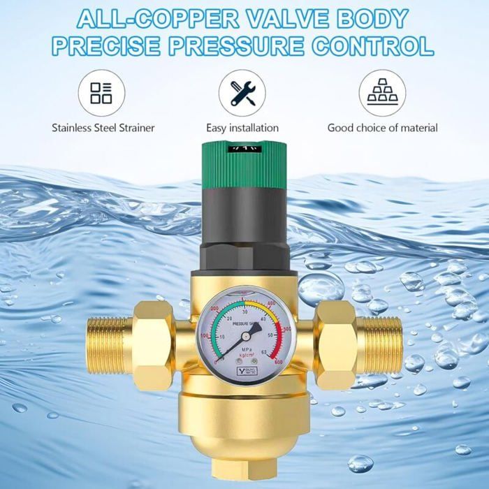 3/4 Pouce Reducteur de Pression Eau, Reducteur de Pression Avec Manometre Pression Eau Et Filtre à Mailles, RéDucteur de Pression D'Eau En pour Robinets D'Irrigation de Jardin de Chauffage au Gaz