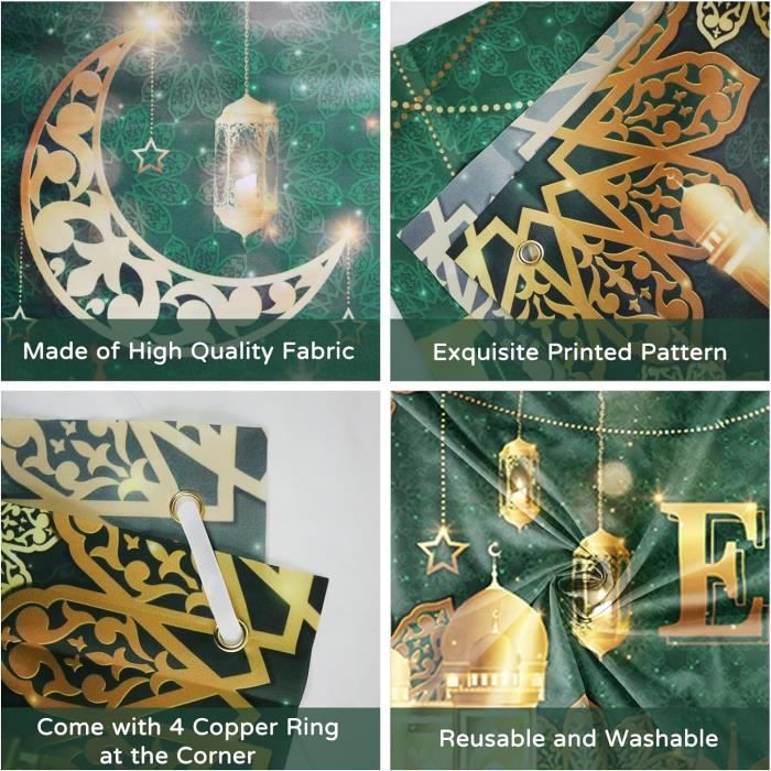 Koliphy – Banderole Ramadan Mubarak 180×110 Cm – Polyester épais – Motifs étoile, Lune, Lustre – Avec Anneaux Et Cordon – Intérieur/extérieur