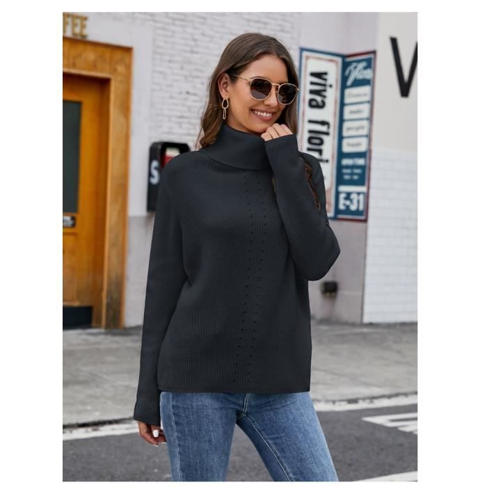Pull Col Roulé Femme Tricoté côtelé INSFITY - Coupe Décontractée - Gris ...