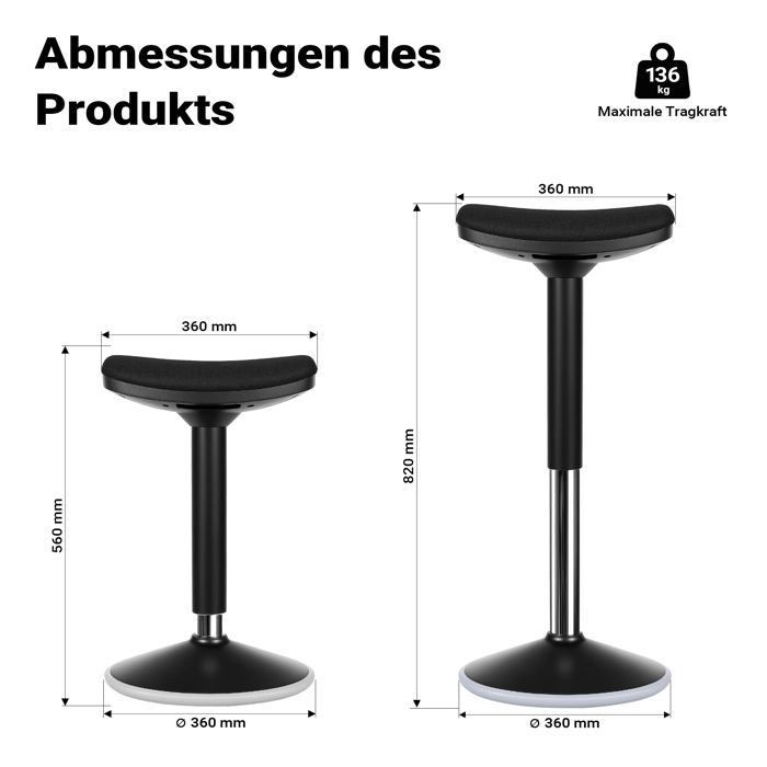Tabouret Ergonomique Assis-debout WilTec - Hauteur Réglable 55-82 Cm, Capacité 135 Kg, Ressort à Gaz - Gris